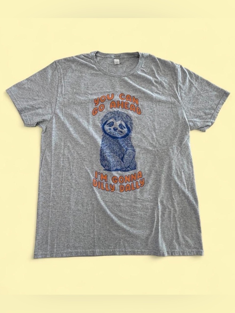 Fruit of the Loom Gray Sloth Graphic Tee with Blue and Orange Print.